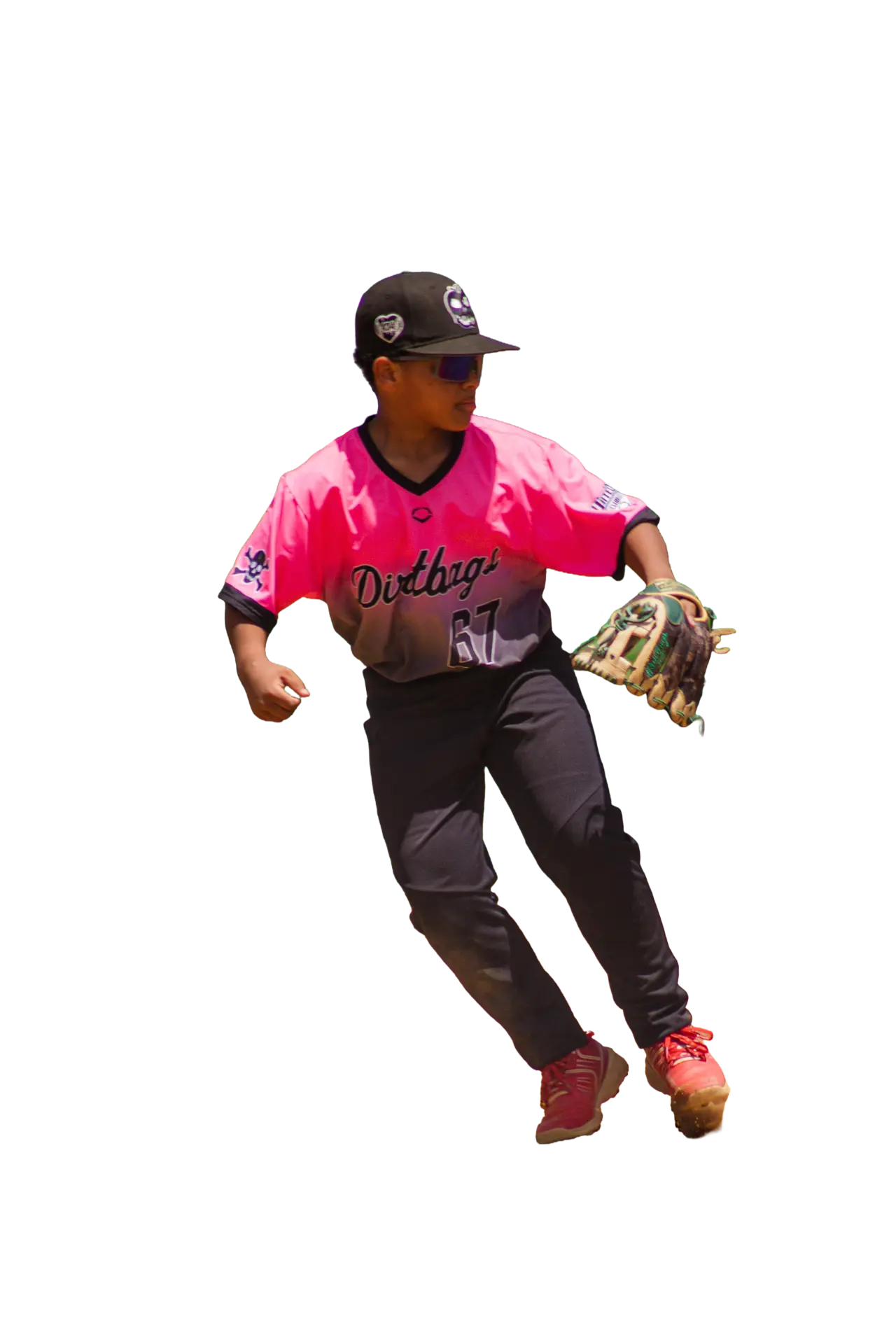 Bush League Baseball player making a play in a Dirtbags uniform