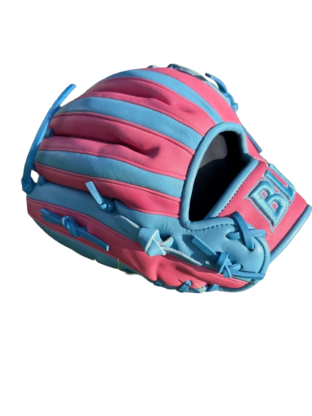 Bush League Baseball softball glove in pink and blue