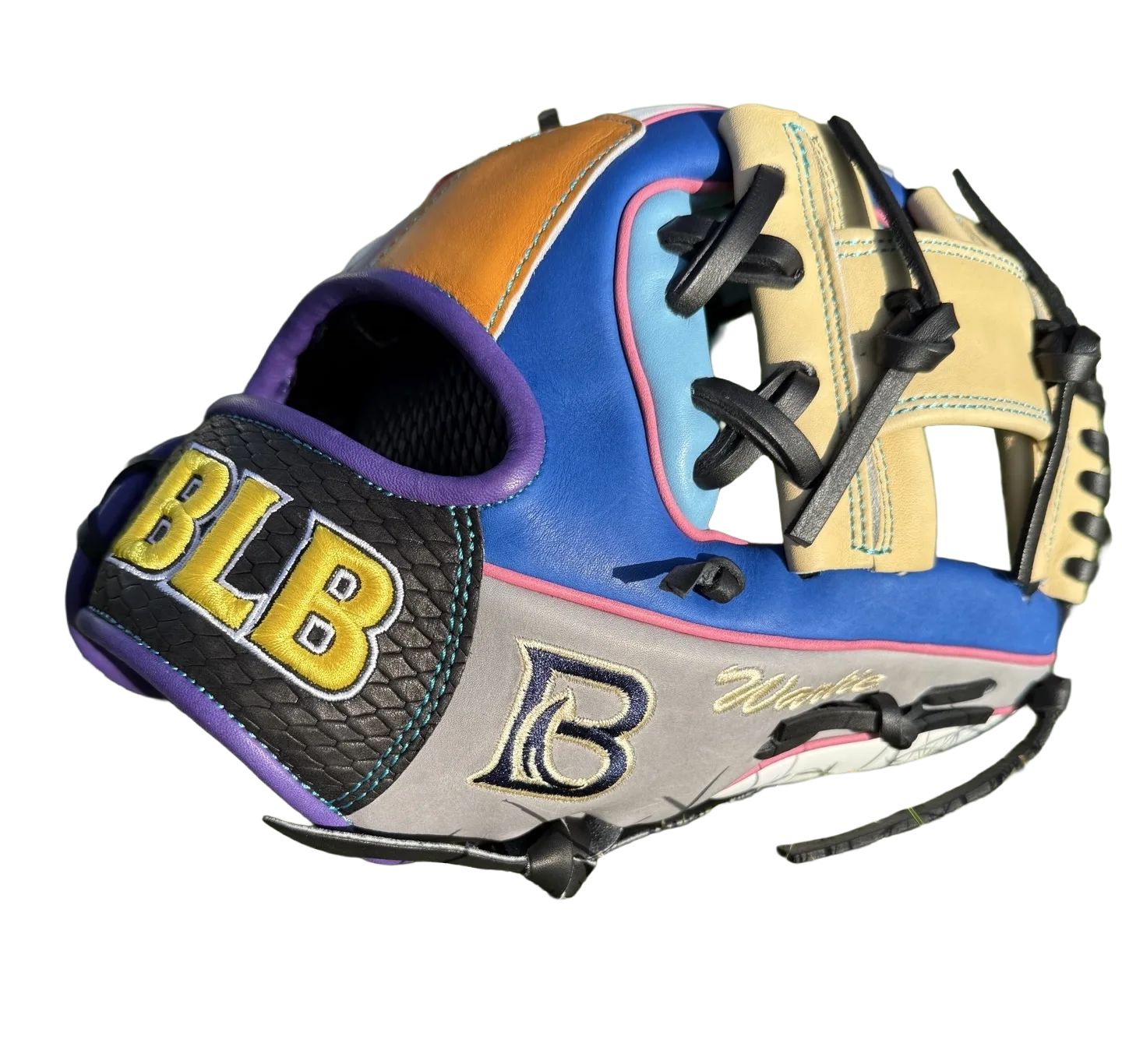 Bush League Baseball custom infielder's glove in blue, cream and grey with gold BLB patch