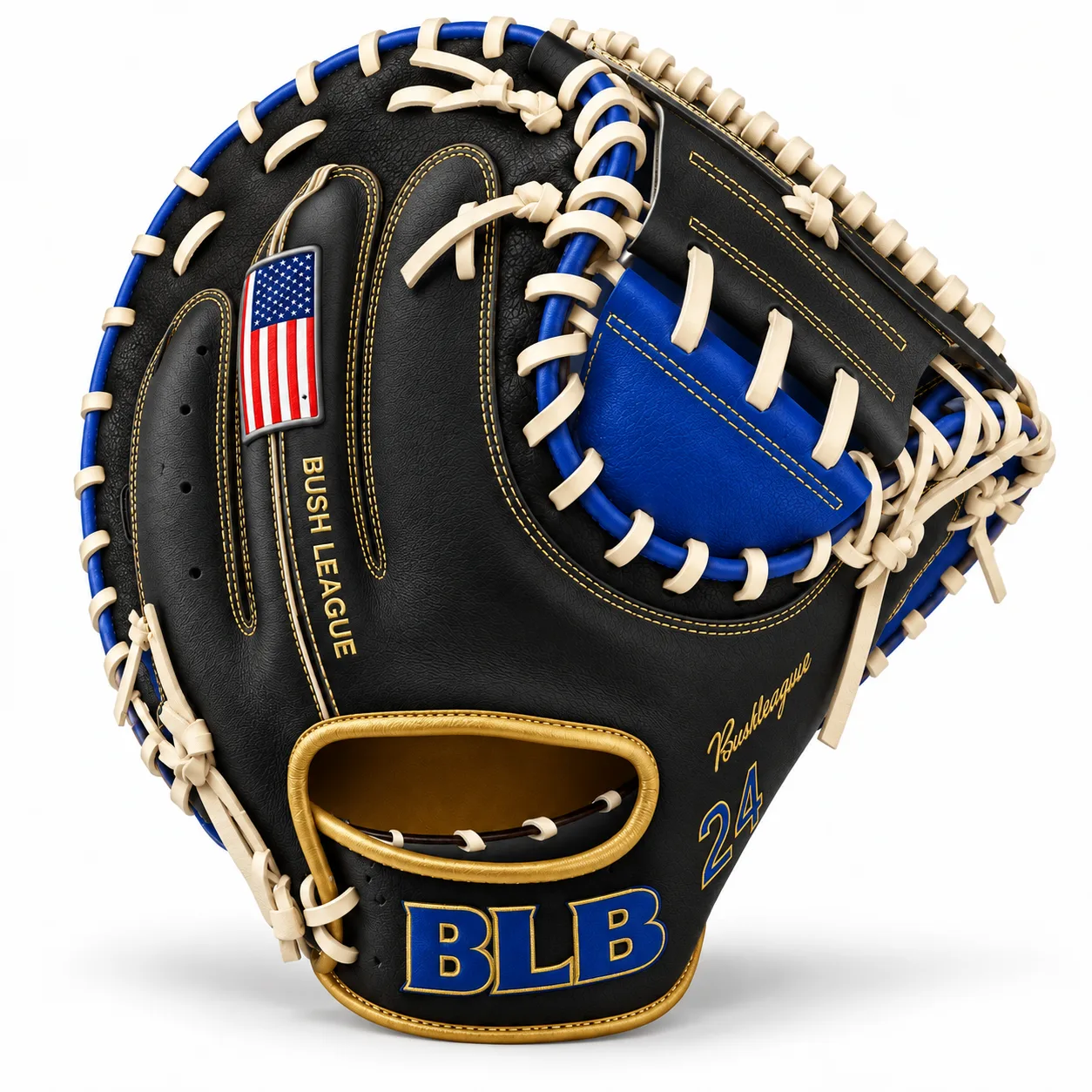 Black, royal blue, cream and gold Bush League catcher’s mitt with American flag and BLB wrist branding