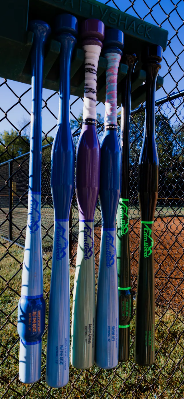 Row of CamWood softball training bats hanging on a chain-link fence