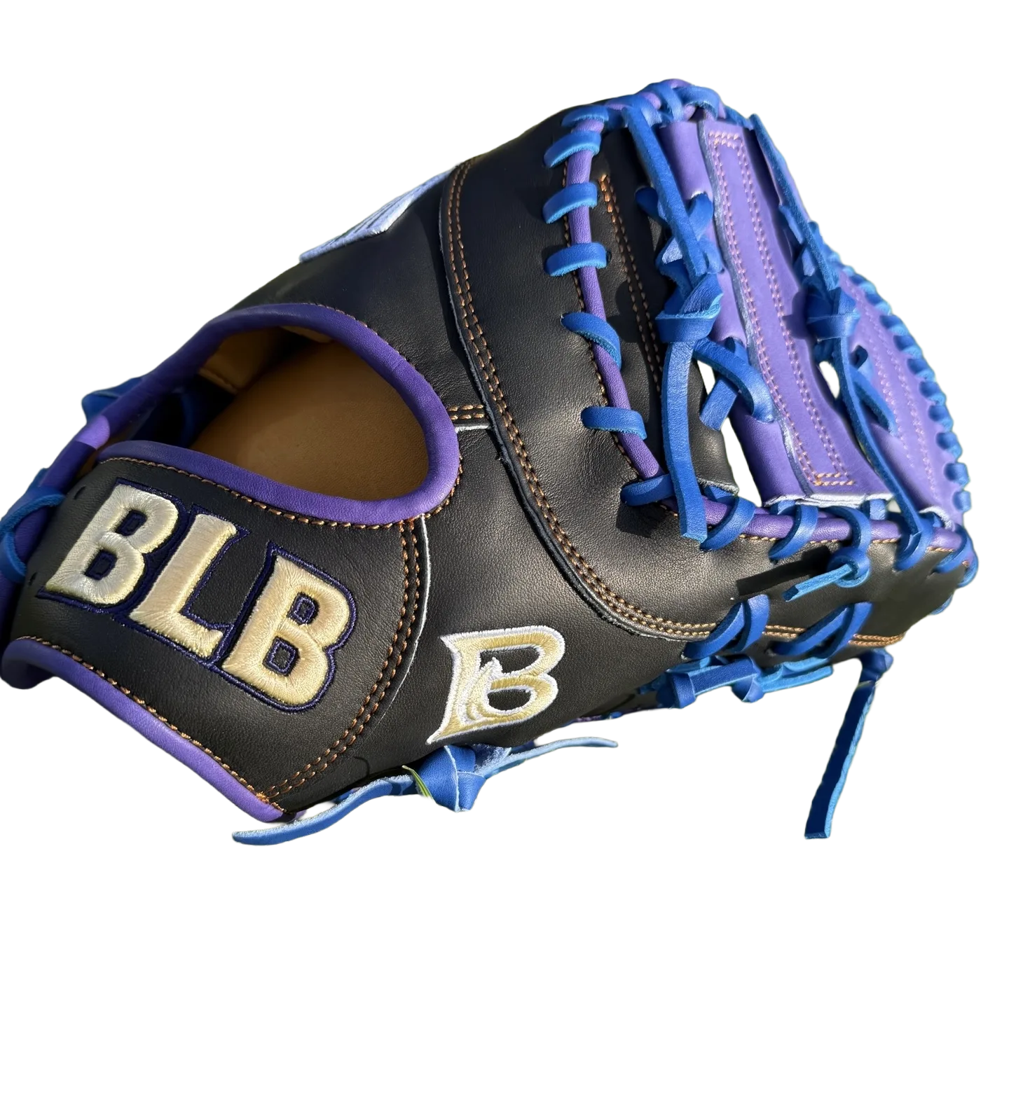 Bush League Baseball custom first base mitt in black with purple and blue laces
