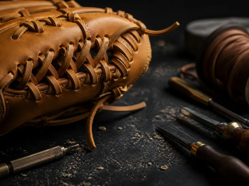 Premium leather and lacing on the bench during a custom glove build