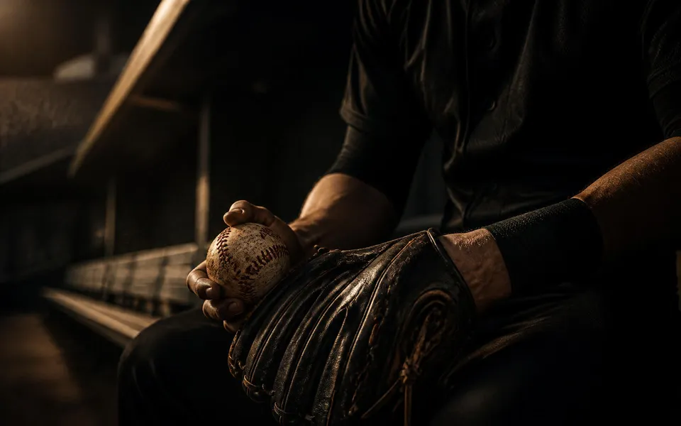 Player holding a worn leather glove and baseball in a dugout